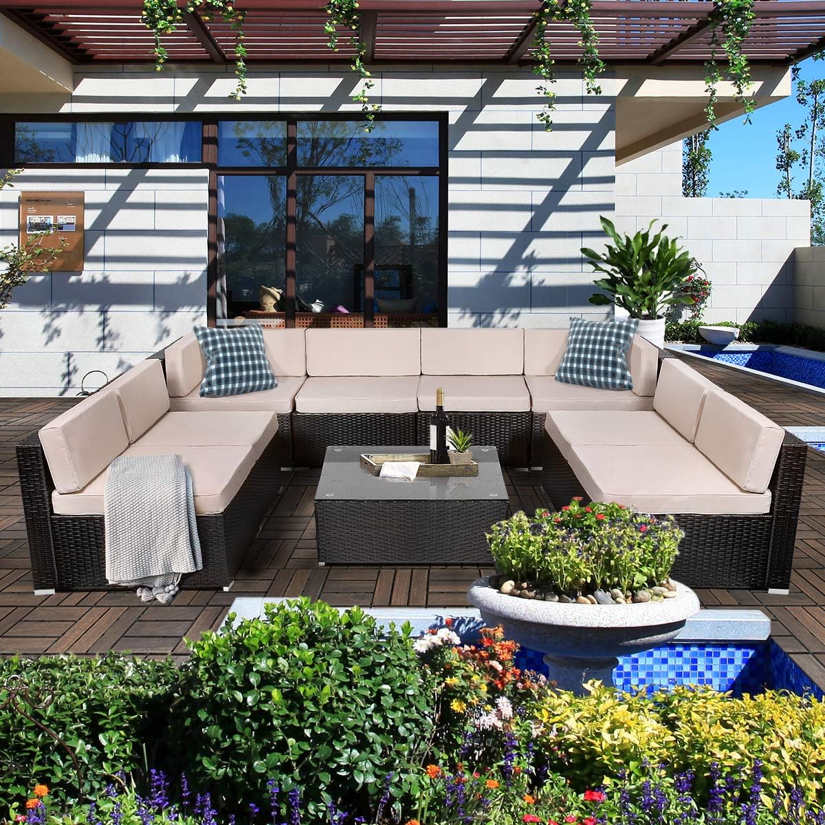 Amazon Com U Max 9 Piece Black Patio Pe Rattan Wicker Sofa Set Outdoor Sectional Furniture Conversation Chairs Set With Cushions And Tea Table Garden Outdoor