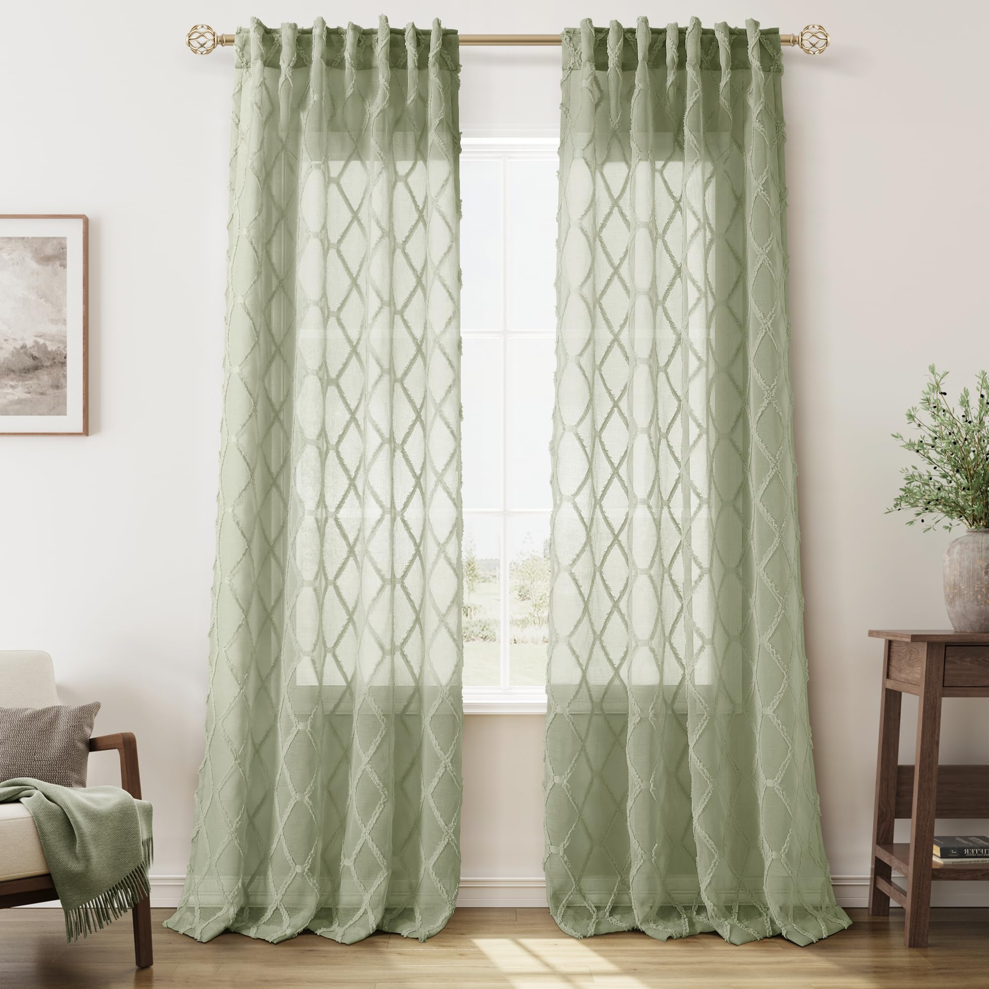 Photo 1 of Sage Green Curtains 102 Inch Floor to Ceiling Length for Living Room 2 Panels Back Tab Rod Pocket Drapes Light Filtering Semi Sheer Light Green Curtain for Bedroom Living Room Home Decor 52x102