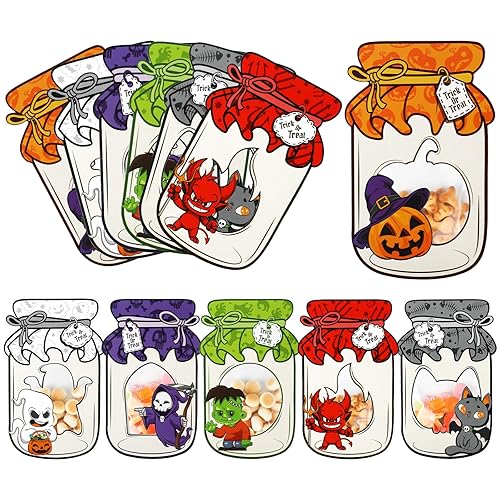 DERAYEE 42PCS Mason Jar Halloween Candy Bags, Trick or Treat Bag Cards Mason Jar Cards with Clear Bags for Halloween Party Favors