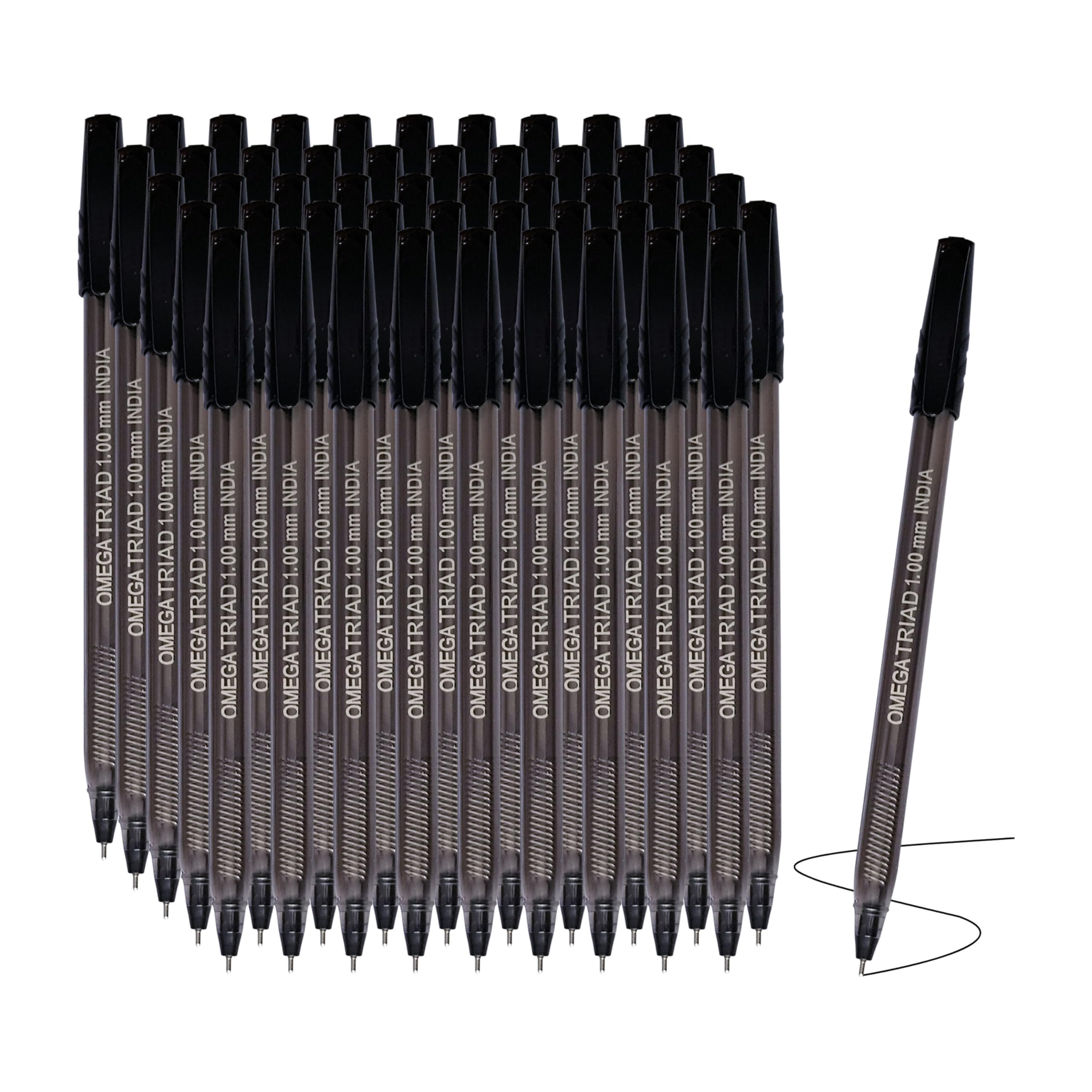 OMEGA Triad Tint Ballpoint Pens, BLACK, Medium Point (1.0 mm), Pack of 50, Triangular Grip, Smooth Ball Pens, Perfect for School Office Home Everyday Use