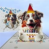 Momapopup 3D Pop-Up Australian Shepherd Dog Birthday Card - Cute Dog with Cake Celebration, Whimsical Happy Birthday Greeting for Dog Lovers - Australian Shepherd Dog 3D Birthday Pop Up Card