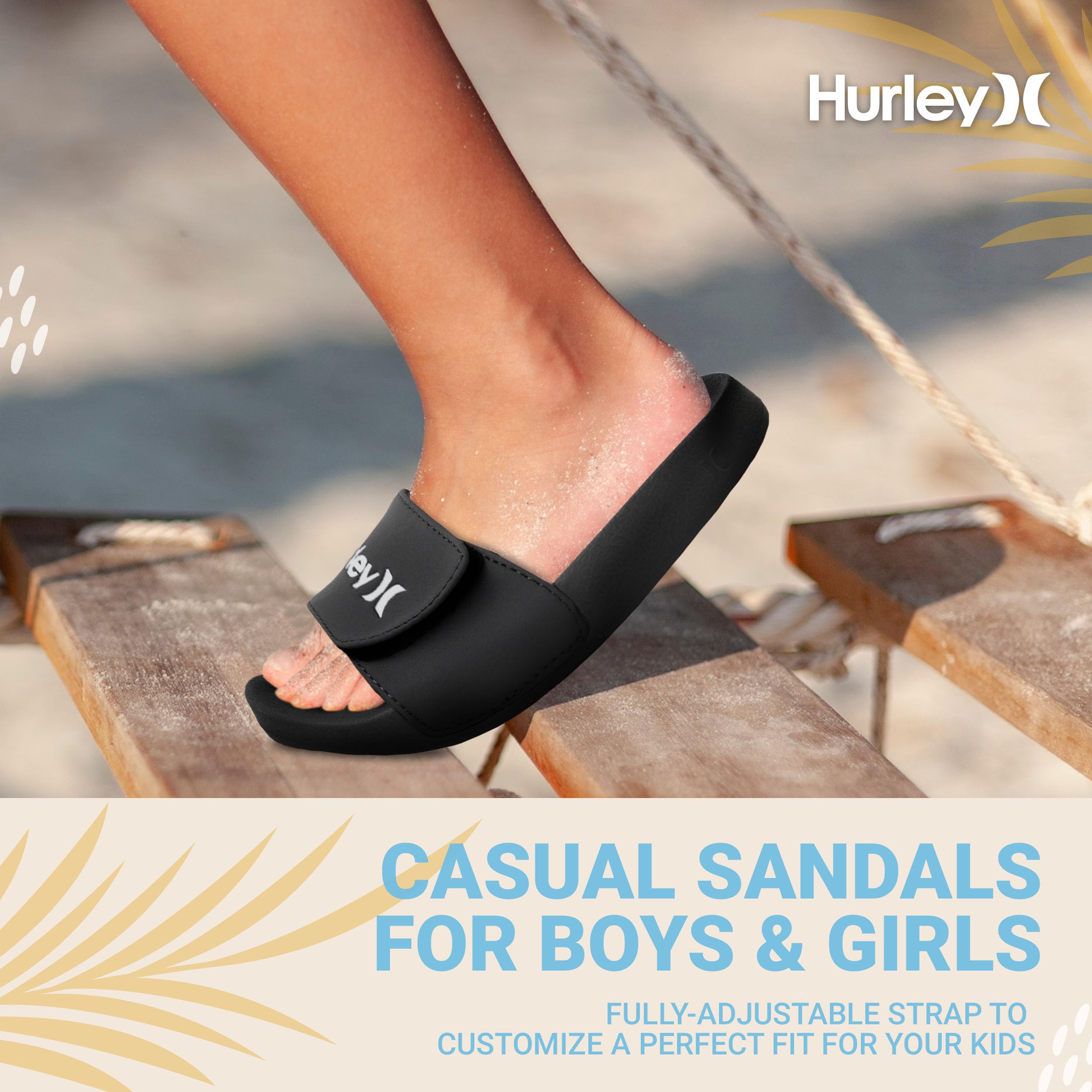 Hurley Naia Slides for Girls and Boys - Comfortable Slip-On Kids Sandals with Adjustable Strap, Unisex Slides for Indoor and Outdoor, Adjustable Sporty Slides for The Beach and Pool