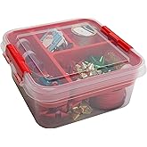 Simplify 5 Compartment Gift Supply Storage Box | 2 Tier Box | Red | Clear Top Lid | Dimensions: 9.5"x 9.5"x 4.5" | Snap Handle| Storage | Wrapping Accessories