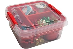 Simplify 5 Compartment Gift Supply Storage Box | 2 Tier Box | Red | Clear Top Lid | Dimensions: 9.5"x 9.5"x 4.5" | Snap Handle| Storage | Wrapping Accessories