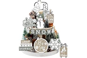 Dandat 15 Pcs Snowman Tiered Tray Decor Snow Winter Tiered Tray Decorations Set Hello Winter Let It Snow Snowman Snowflake Wooden Signs Farmhouse Christmas Decor for Home Table Shelf