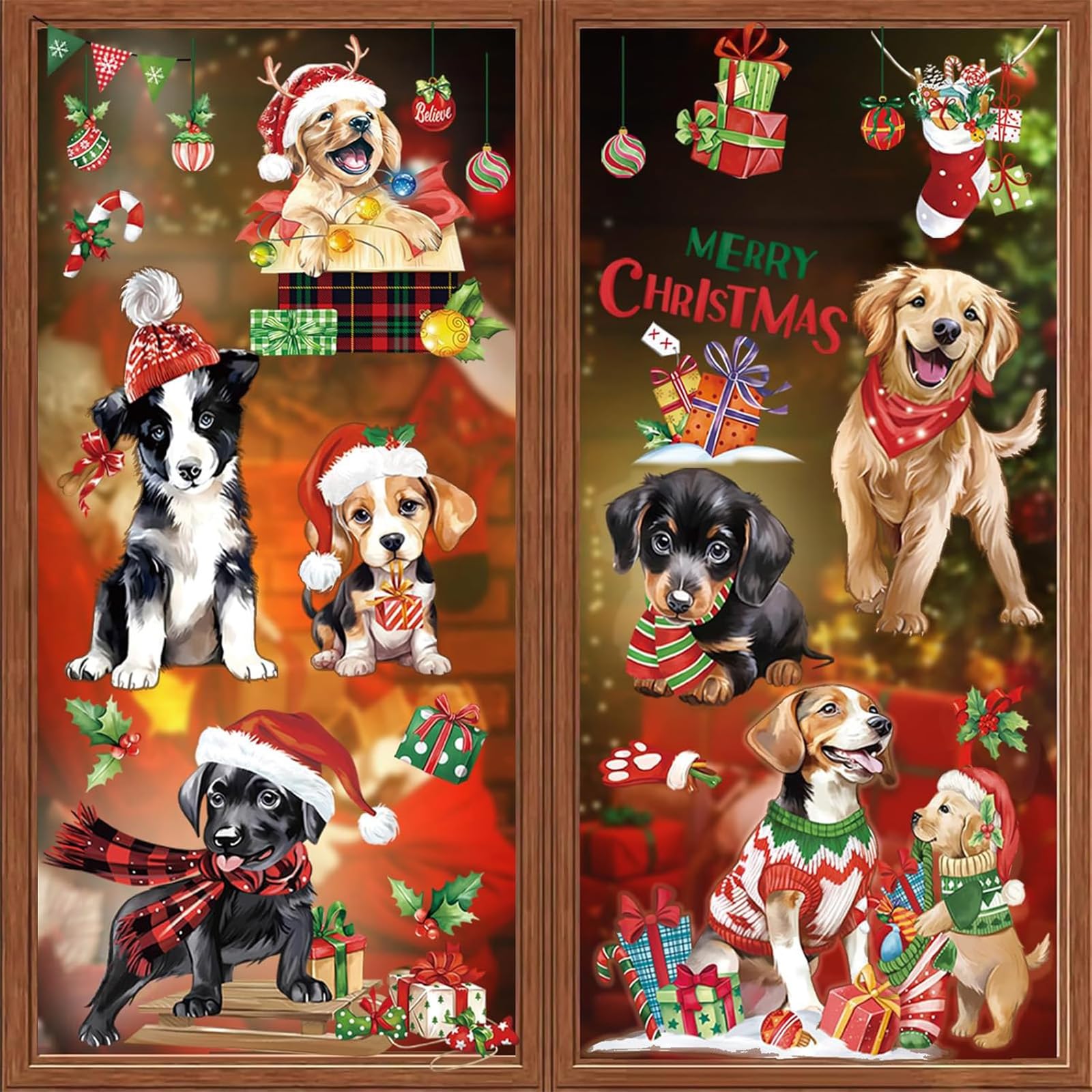 decalmile Christmas Dog Puppy Window Clings Reusable Pet Dogs Xmas Window Decals Double Side Printed Window Stickers Glass Door Home Party Shop Showcase Decoration