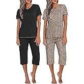 Ekouaer 2 Pack Women's Capri Pajama Sets Short Sleeve Two-Piece Pjs V Neck Tops & Pants Printed Lounge Sets S-3XL