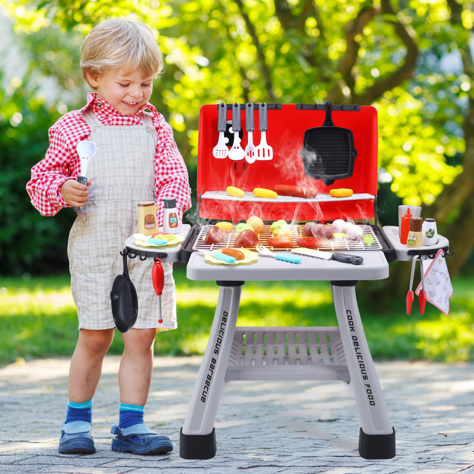 CUTE STONE Kinder BBQ Grill Spielzeug, Küche Spielzeug Set, Realistische Rauch BBQ Grill Spielset mit Spielzeug Küche Zubehör,Barbecue per Bambini Rosa 2