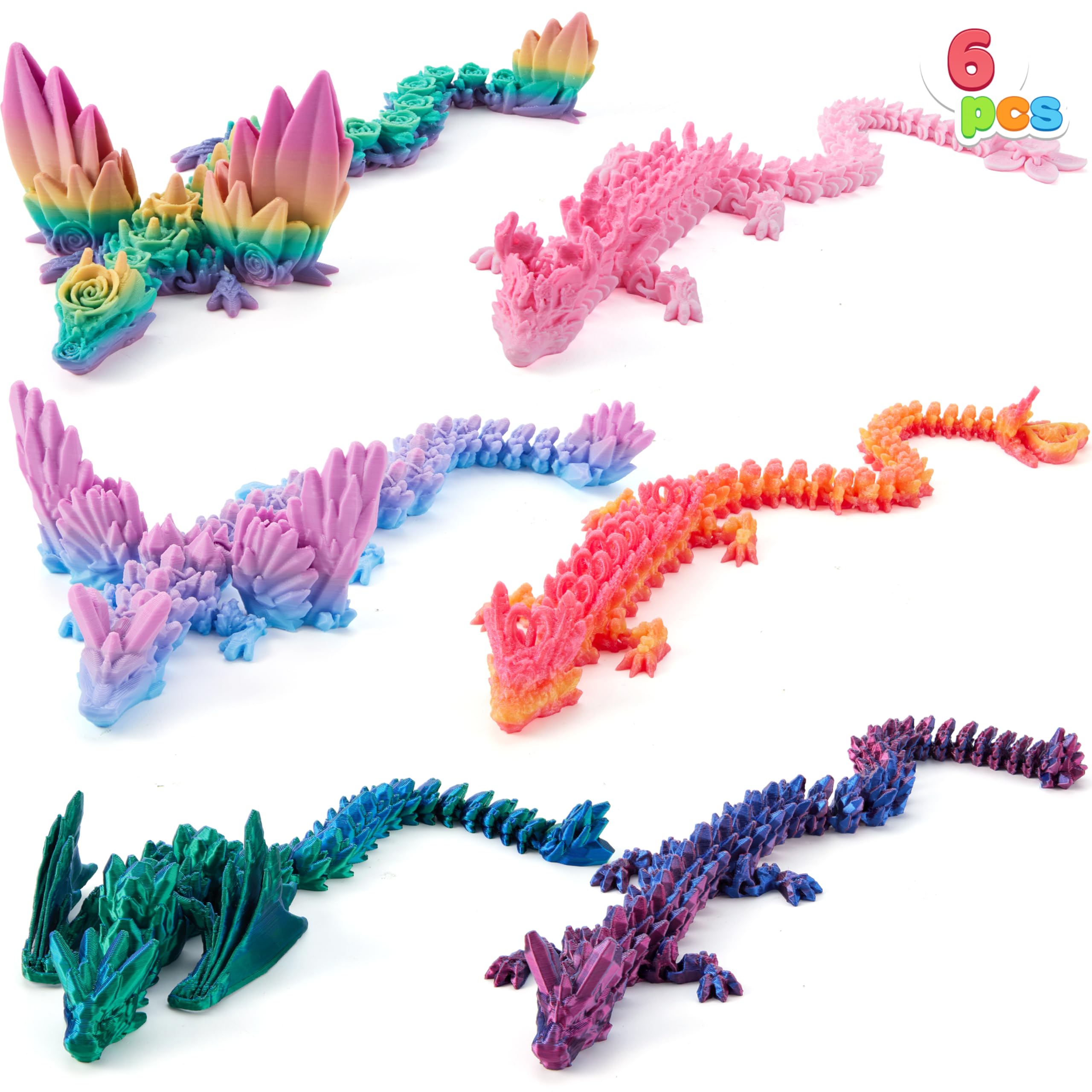 JOYIN 6 Pcs 3D Printed Dragon (24cm) Party Bag Fillers for Kids, 6 Colorful 3D Printed Flexible Articulated Dragon Fidget Toys for Stress Relief Squeeze, Party Favors Gifts for Boys and Girls