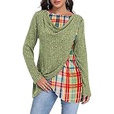 Miusey Women's Cowl Neck Tunic Sweater Long Sleeve Knit Pullover with Plaid Patchwork for Fall Winter Casual & Christmas Wear