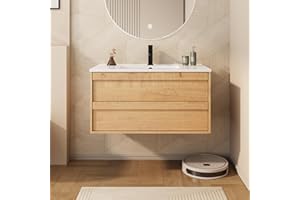 eclife 36" Floating Bathroom Vanity Sink Combo, Wall Mounted Modern Minimalist Storage Cabinet with 2 Drawers, Include Sink, Faucet & Drain, Natural