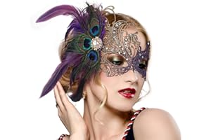 Zinniday Lace Masquerade Masks for Women - 1920s Peacock Feather Venetian Mask for Halloween Couples Mardi Gras Ball