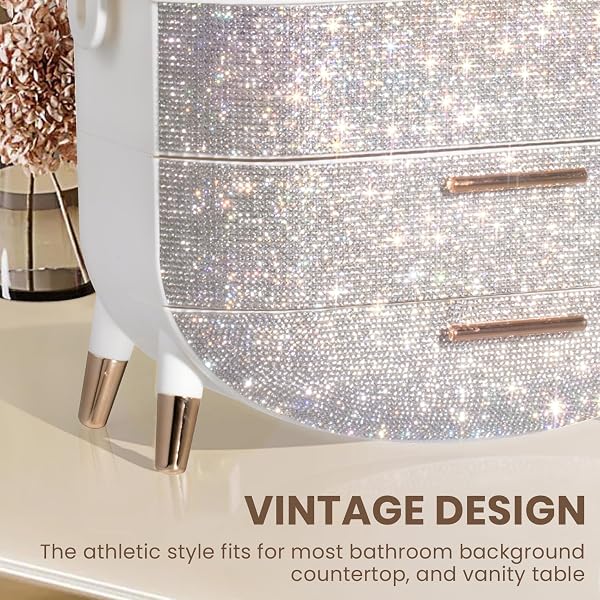 MASSY EGG SHAPE(OVAL) MAKEUP STORAGE BOX, COUNTERTOP PORTABLE VANITY COSMETICS ORGANIZER PREPPY STYLE (RHINESTONE WHITE)
