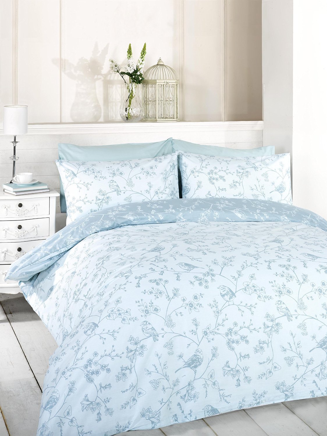 Signature Home French Blue Bird Toile King Size Duvet Cover Set with