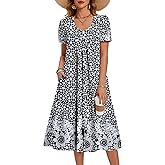Zeagoo Summer Dress for Women Casual Floral Midi Sundress with Pockets V Neck Pleated Short Sleeve Aline Beach Vacation Dress