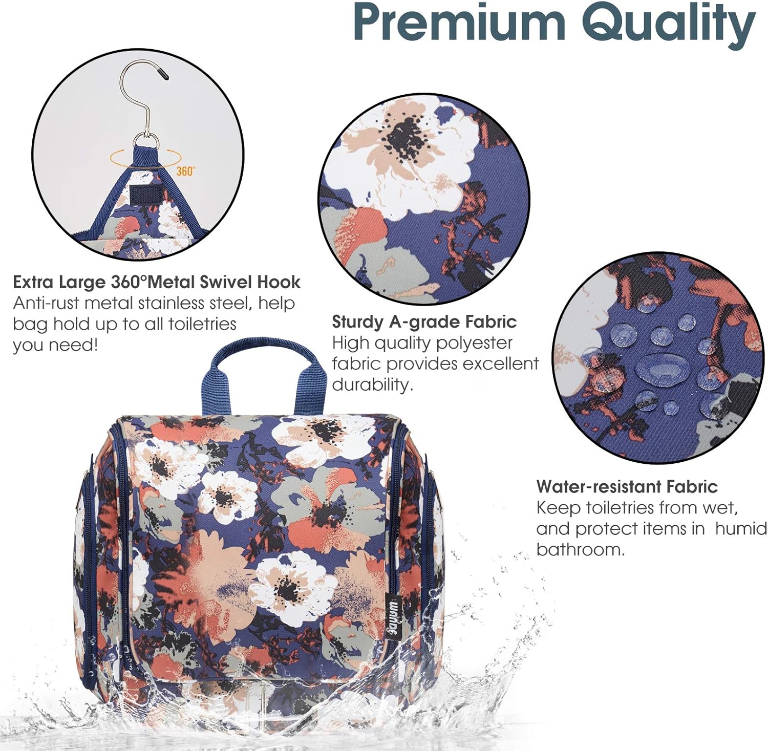 WANDF Toiletry Bag with Medicine Pocket Jewellery Bag and Clear Wet Separation Compartments Water-resistant Nylon Travel Shaving Dopp Kit Travel (Blue Flower): Clothing