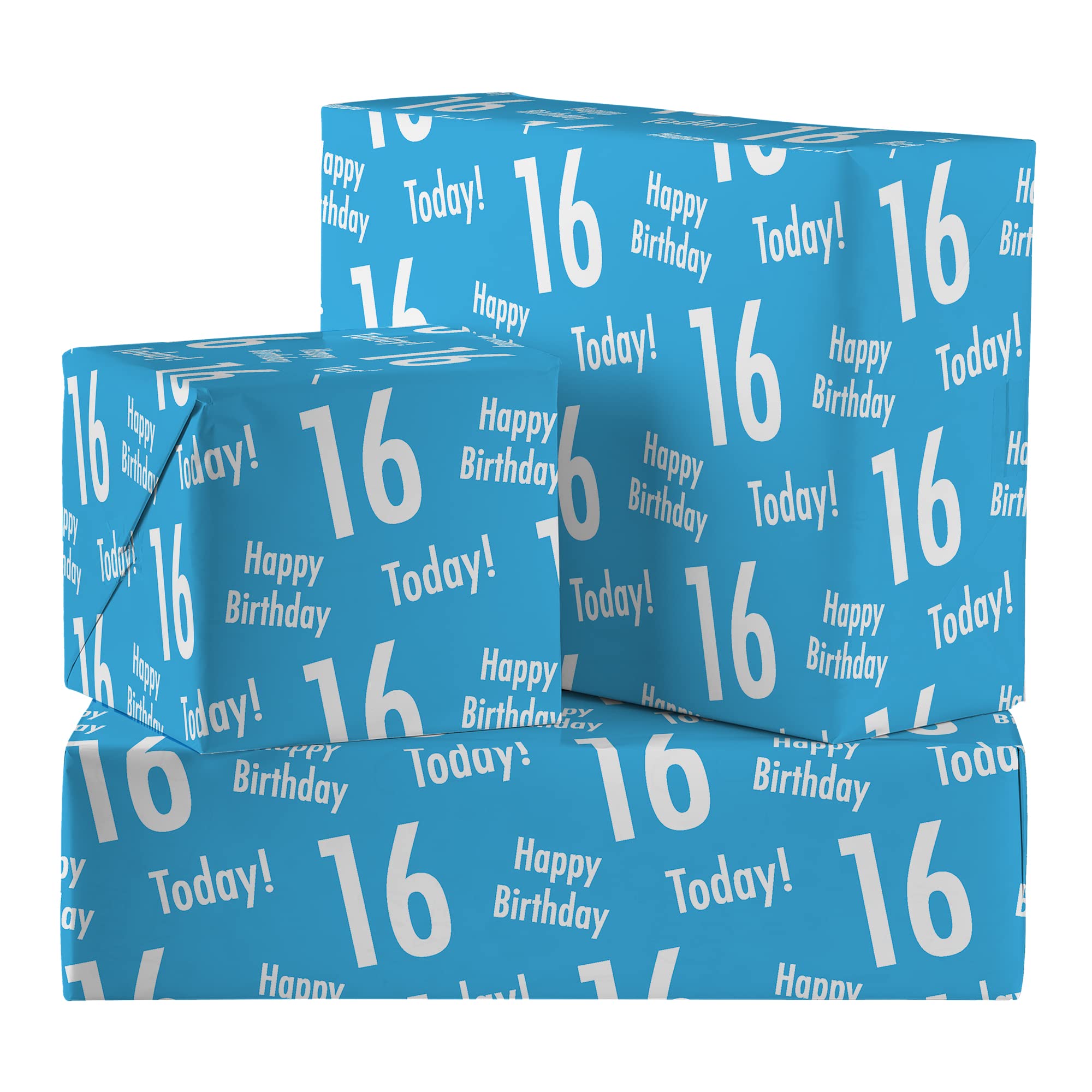 Hunts England - 2 Sheets Of 16th Birthday Blue Luxury Wrapping Paper For Him - Includes 2 Gift Tags - Age 16 Male Folded Gift Wrap - Urban Colour Collection - Age Sixteen Gift Wrap For Boys