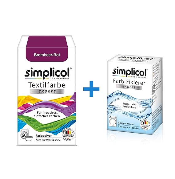 Simplicol Textilfarbe expert + Farbfixierer Kombipack, Brombeer-Rot 1706: Farbe für Waschmaschine oder manuelles Färben