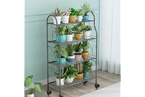 ECOESPTI Plant Stand, 4 Tier Moveable Plant Shelf for Indoor Outdoor, Silver Gray Heavy Duty Metal Multiple Plant Rack Holder for Garden Balcony Living Room