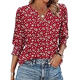 XIEERDUO Blouses for Women Dressy Casual 3/4 Length Sleeve Womens Tops V Neck T Shirts with Smocked Cuffs