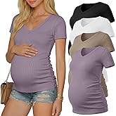 Neer 4 Pack Women's Maternity Shirts, V Neck Cotton Summer Tees Short Sleeve Ribbed Pregnancy Tops Side Ruched Mama Clothes