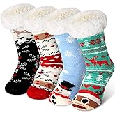 Jeyiour 4 Pairs Christmas Women's Fuzzy Slipper Socks Fleece Xmas Slipper Socks Thick Warm for Winter Christmas Party Gifts
