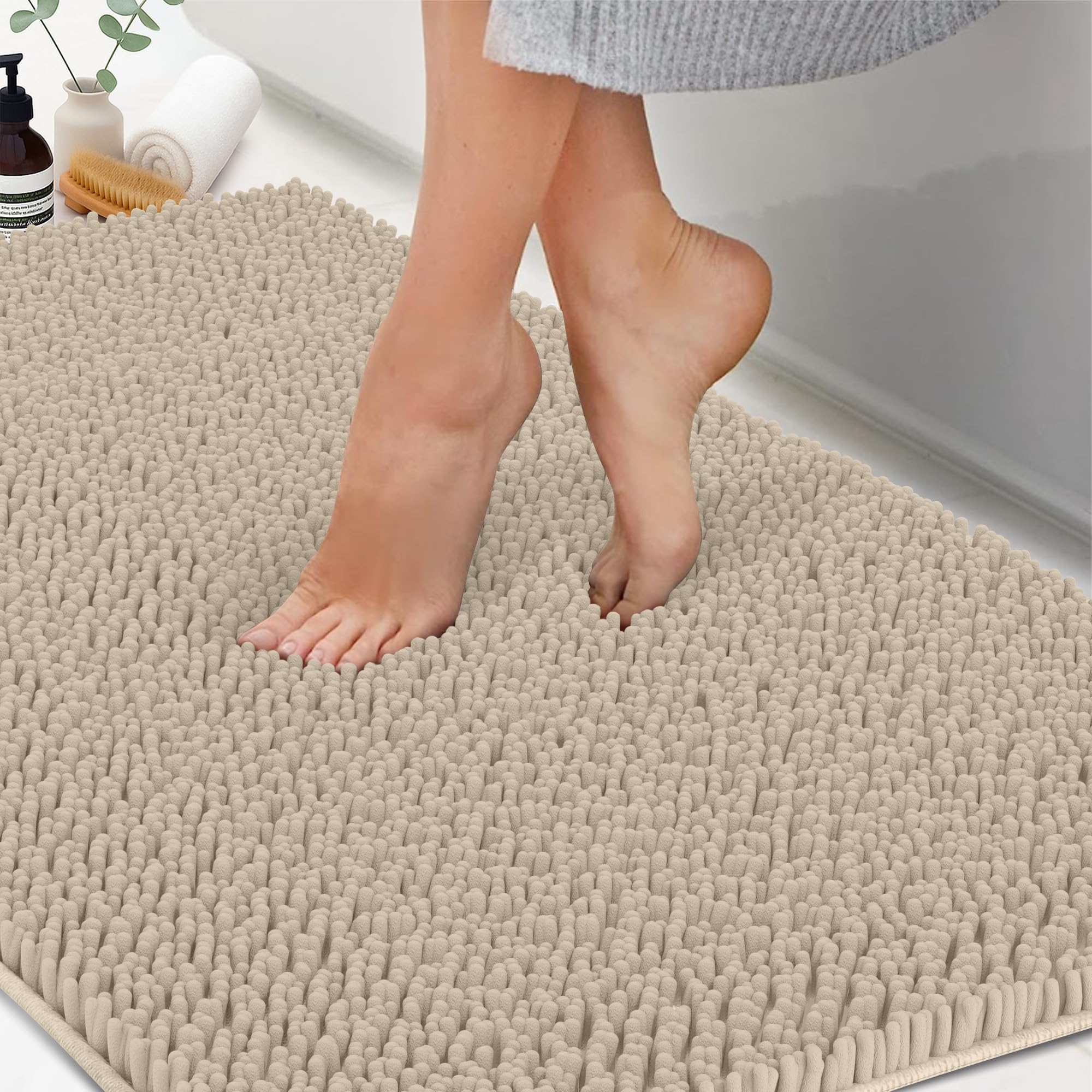 Chenille Bath Mats 61"x31", Plush Absorbent Quick Dry, Soft & Machine Washable, Non Slip Carpet for Bathroom, Thick Bathroom Rugs, Shower Restroom Rug Mat, Alfombras De Bano, Bathrugs Image
