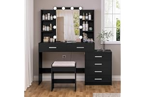 FIONESO Vanity Desk Set with Mirror & Power Outlet, 6 Drawers, 6 Open Shelves, 10 Light Bulbs, 3 Light Color, 48” Storage Makeup Vanity Dressing Table with Stool Bench for Women, Girls, Black