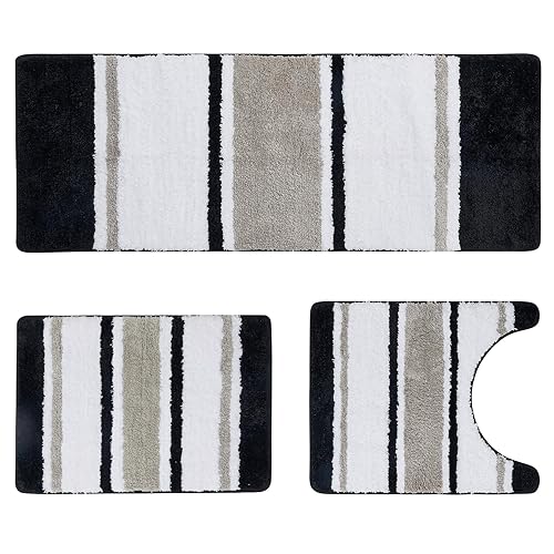 Home Queen Soft Plush Bath Rugs Set 3 Pieces with Toilet Mat, Non-Slip Absorbent Machine Washable Bathroom Mats for Shower and Tub, Black and White