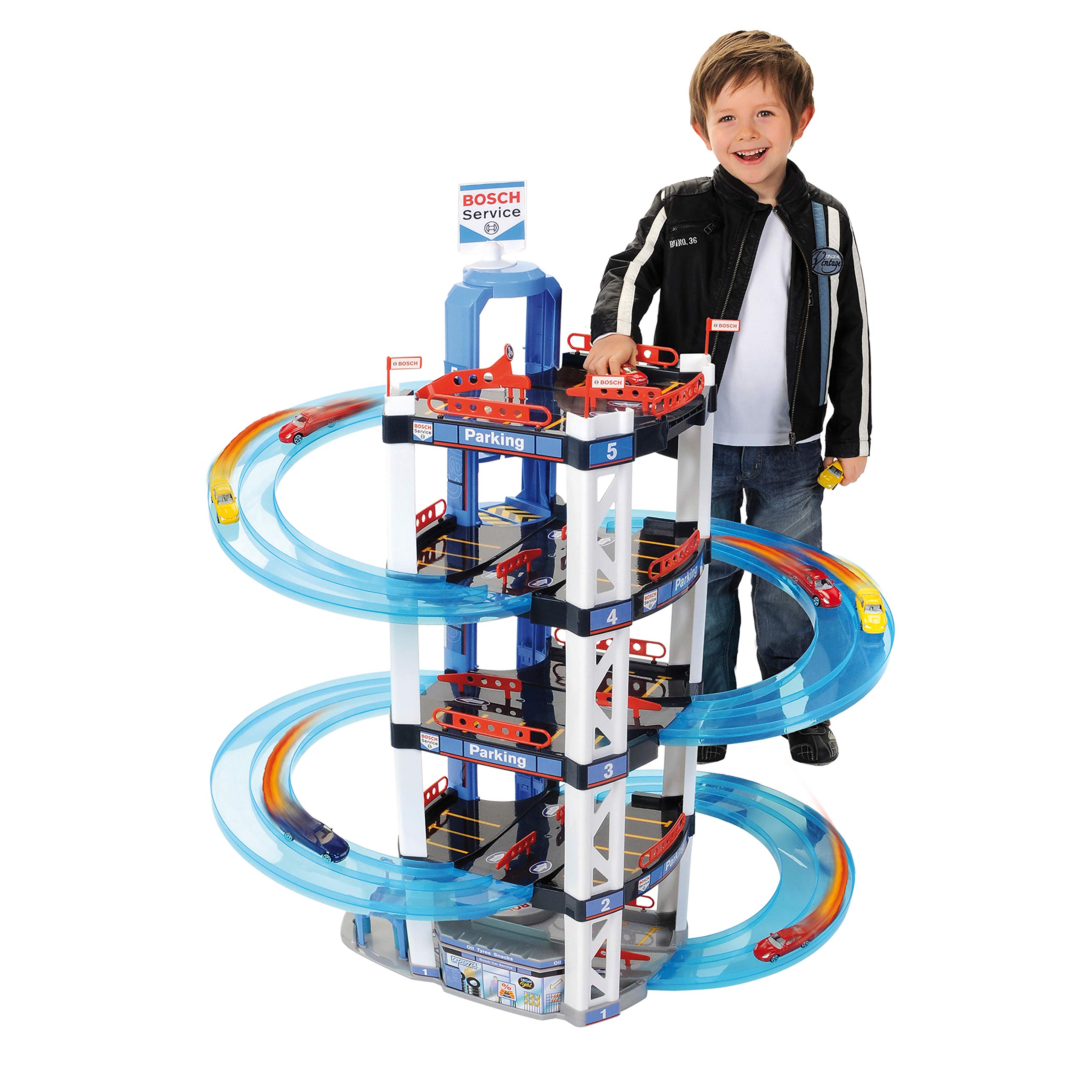 Theo Klein 2813 Bosch Car Service Parkhaus I Mit 5 Ebenen, doppelter Abfahrtrampe, 2 Rennautos, Fahrstuhl und vielem mehr I Maße: 55 cm x 55 cm x 85 cm I Spielzeug für Kinder ab 3 Jahren 2