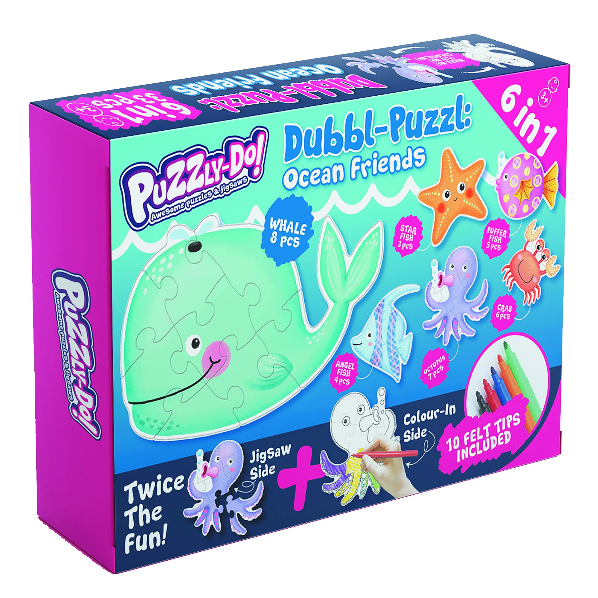 Puzzly-Do! Dubbl-Puzzl Ocean Friends: 6 Double-sided Jigsaws. Flip Them To Colour Them. With Colouring Pens