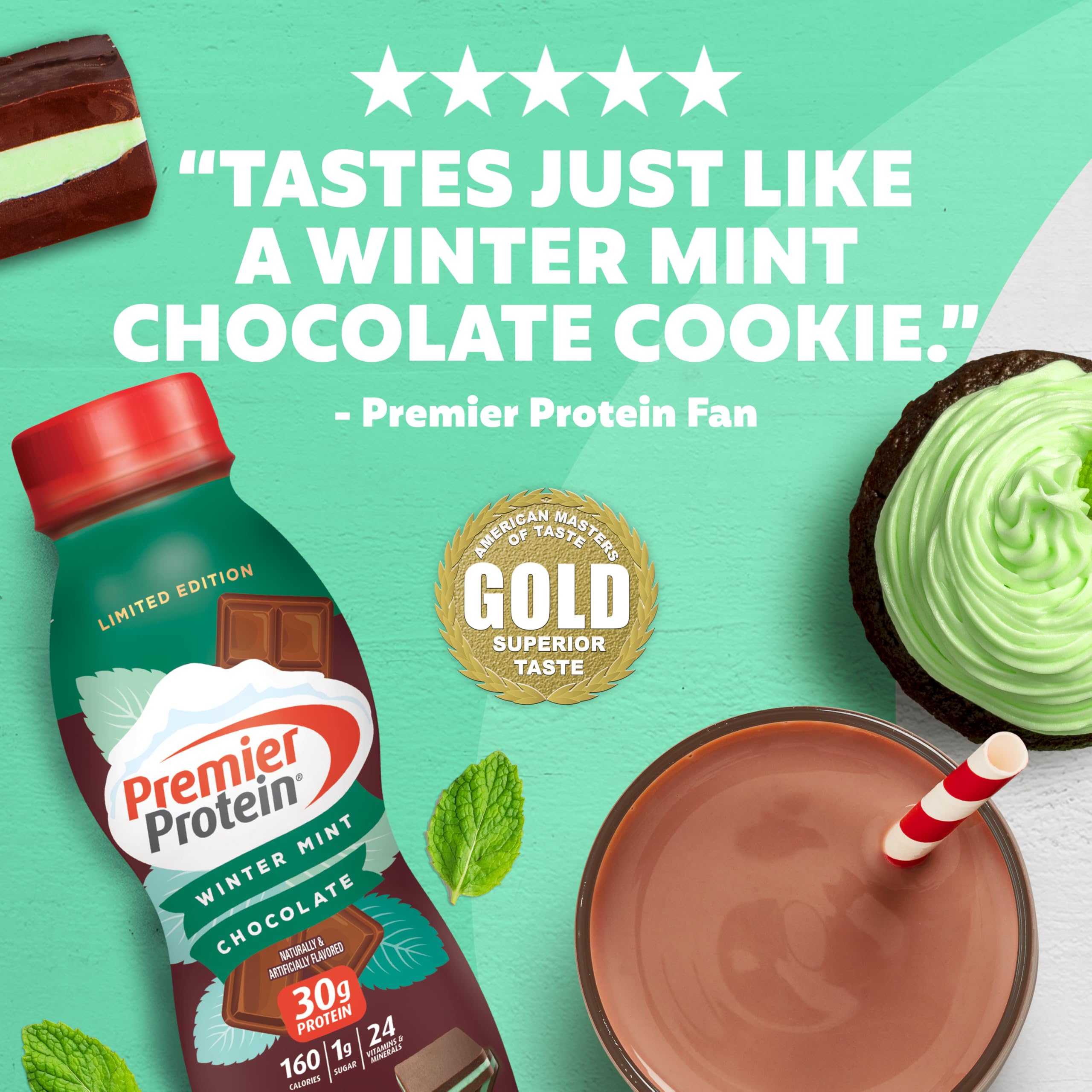 Premier Protein Shake, Limited Edition, Winter Mint Chocolate, 30g Protein, No Added Sugar, 24 Vitamins & Minerals to Support Immune Health, 11.5 fl oz, 12 Pack
