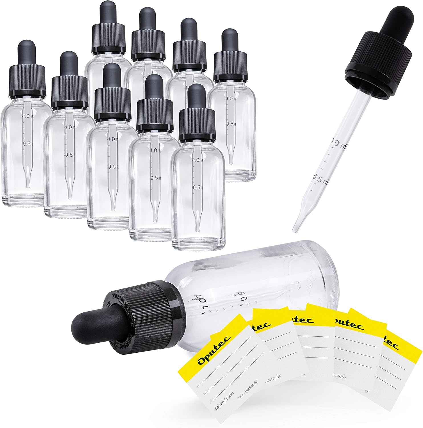 Oputec 10 x 30 ml pipette bottle with glass pipette and scale + 10 labelling labels Liquid