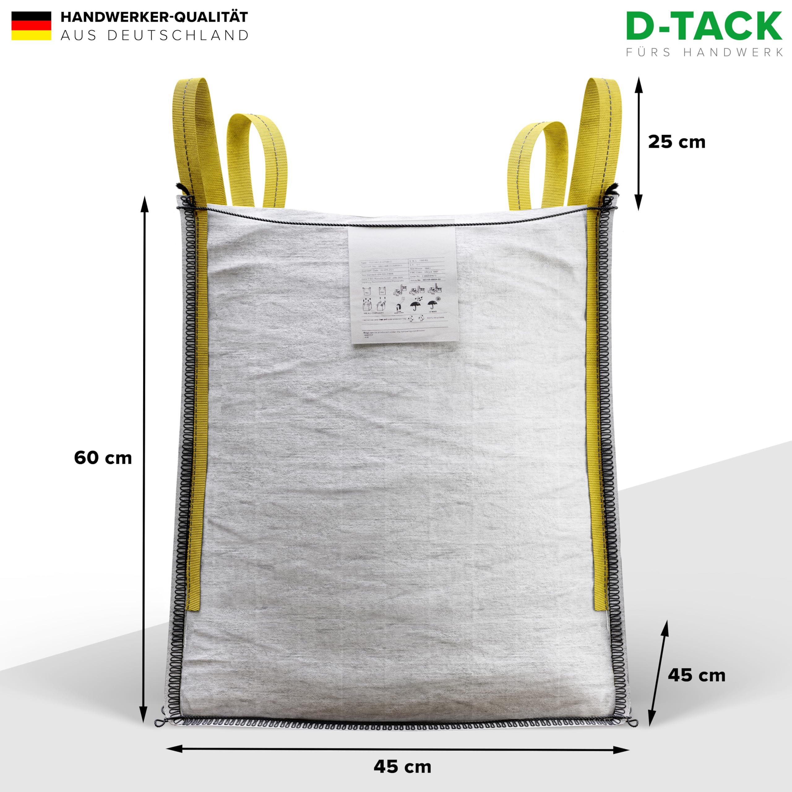 D-TACK 1x Big Bag | 45 x 45 x 60 cm | Säcke für Bauschutt, Holz, Laub, Kies, Sand, Erde, Gartenabfall, Grünschnitt, Pellets | 4 praktische Trageschlaufen | 500 kg | Witterungsbeständig 2