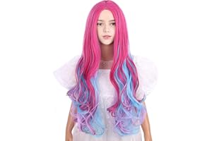 Edivd Multi-color Wig for Children Long Rainbow Middle Part Wig for Girls Kids Long Blue Pink Wavy Curly Wigs Heat Resistant Synthetic Wigs with Cap