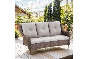 Bellefurn Patio Wicker Sofa 3-Seat Rattan Couch Brown Rattan Sofa with Chrysanthemum Armest & Water Resistant Cushions for Garden Balcony Backyard Poolside, Beige Cushions