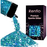 Renfio Holographic Chunky Glitter, Laser Blue Glitter for Snowglobe Tumbler | 1.76oz/50g,Blue PET Flake Mixed Fine Powder for DIY Art,Craft,Epoxy Resin,Festival Decorations,Nail,Slime