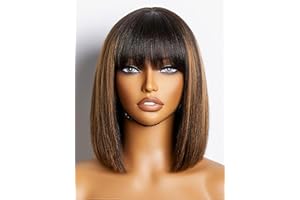 LUVME HAIR 10 Inch Yaki Straight Bob Wig with Bangs Human Hair Glueless HD Lace Bob Wig with Brown Highlights, Ready to Go Short Wigs For Women 180 Density (Breathable Cap)