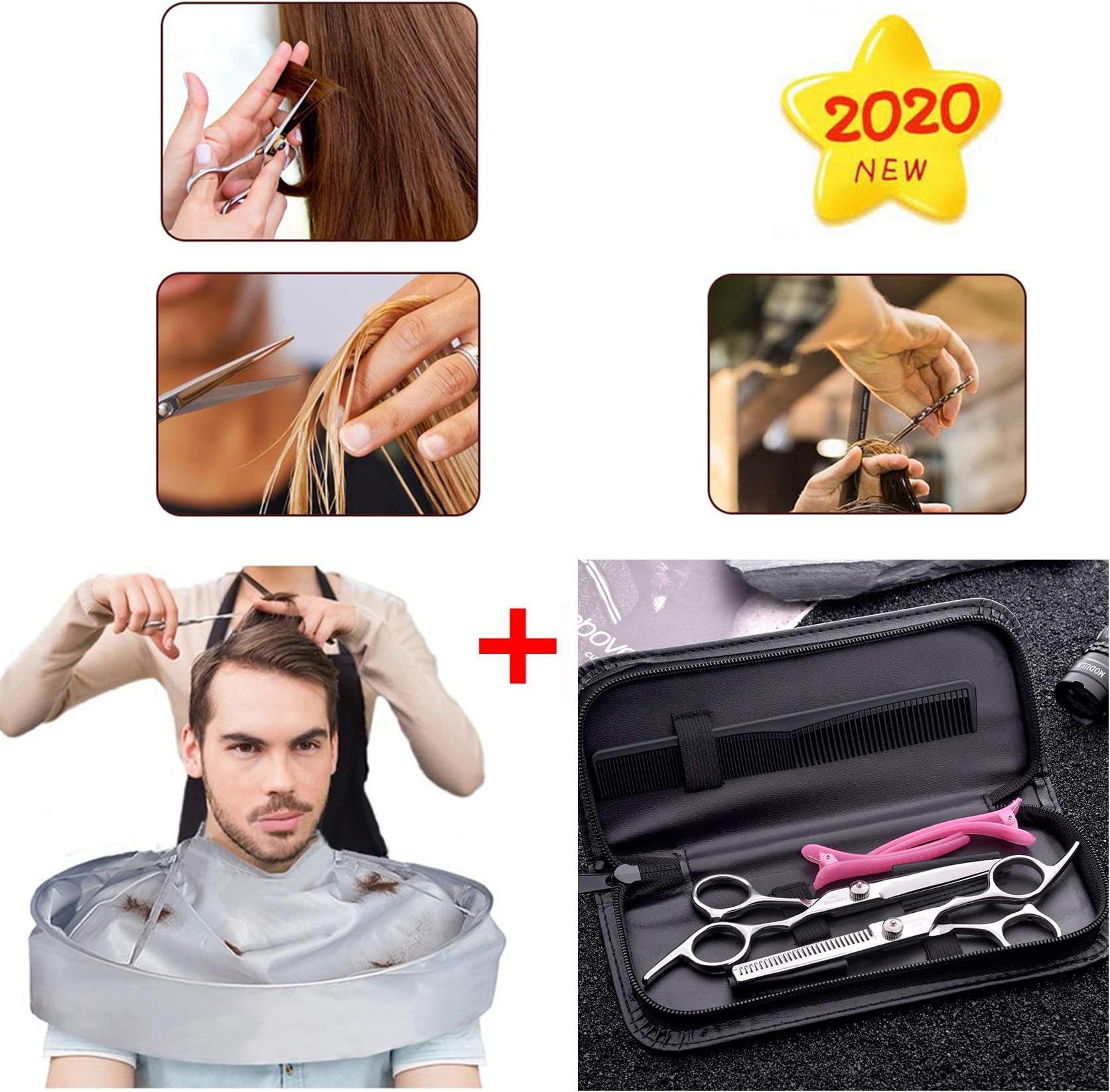 Zhenpony 7Pcs Hair Cutting Scissors Set with Shawl That Can Collect Hair, Haircut Tools Scissors Faux Leather Case For Professional Barber,Salon, Home