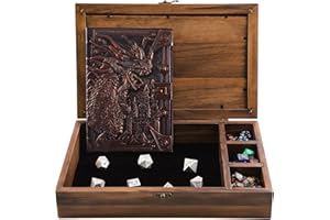 MEDIKAISON 2 In 1 Dnd Dice Box Metal Dice Wooden Box with DND Notebook For Rolling & Storage Organizer RPG Table Games Dice Tray Dungeons & Dragons Players Or Metal Polyhedral Dice Collectors Case(Flame)