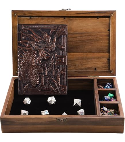 Tour à Dés DND Dragon En Bois – Plateau Motif D20, Accessoire JDR, Portable 15x7x4,5 Cm, Dés Non Inclus