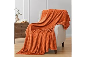 Vessia Flannel Fleece Orange Throw Blanket for Couch, Lightweight Striped Blanket Throw for Adults and Kids, Warm Cozy Soft Bed Blanket, Microfiber Ribbed Sofa Blanket for All Season