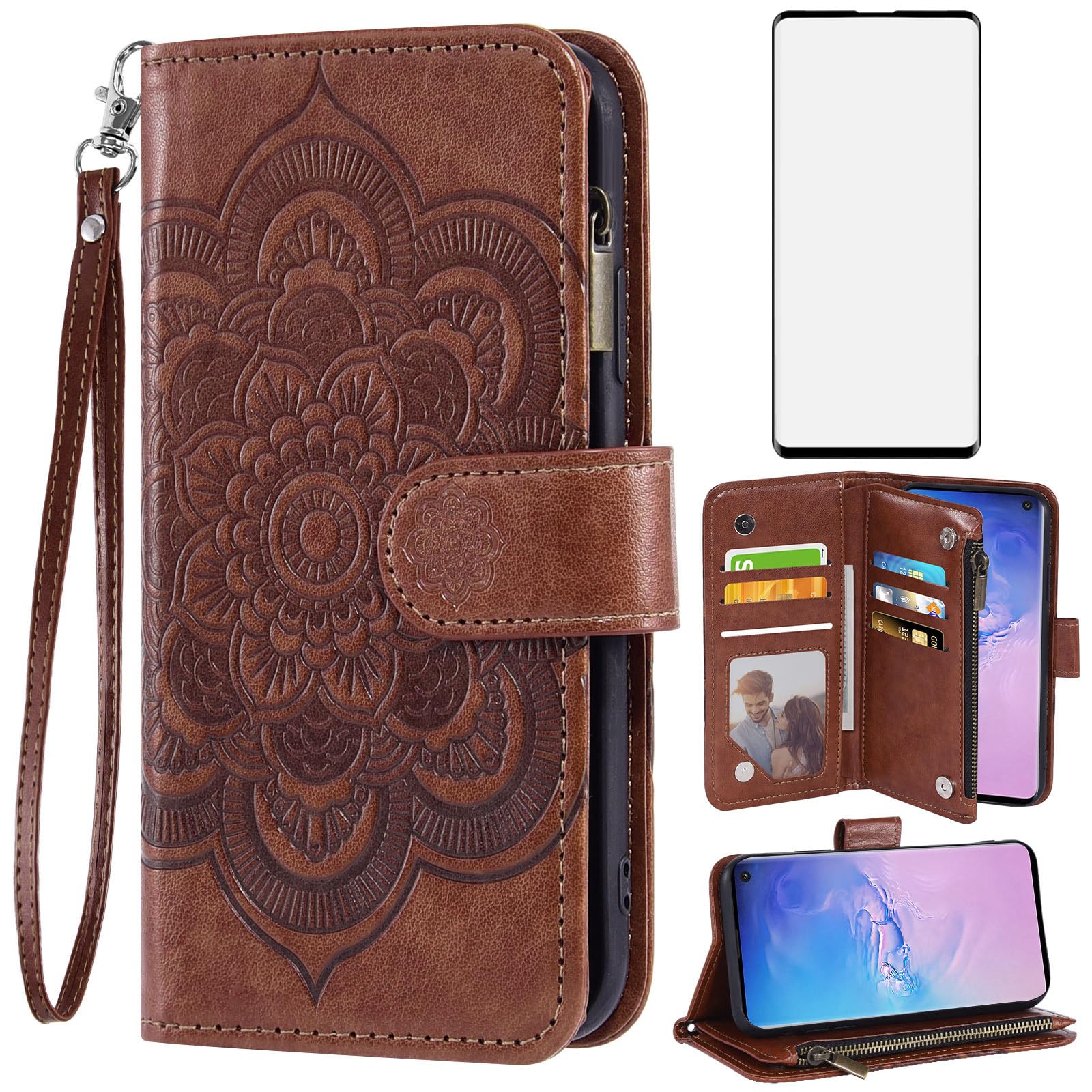 Photo 1 of Asuwish Phone Case for Samsung Galaxy S10 Wallet Cover with Tempered Glass Screen Protector and Flower Leather Flip Credit Card Holder Stand TPU Cell Accessories S 10 Edge 10S GS10 X10 Women Men Brown