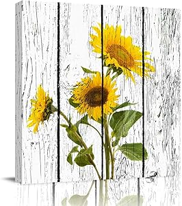 Arts Language Square Canvas Print Wall Art for Bathroom/Kitchen/Bedroom Wall Decor Yellow Sunflowers Over Rustic Wood Panels Picture Painting Giclee Print Canvas Wrap Framed and Ready to Hang-24x24in