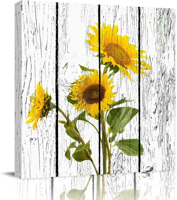 Arts Language Square Canvas Print Wall Art for Bathroom/Kitchen/Bedroom Wall Decor Yellow Sunflowers Over Rustic Wood Panels Picture Painting Giclee Print Canvas Wrap Framed and Ready to Hang-24x24in