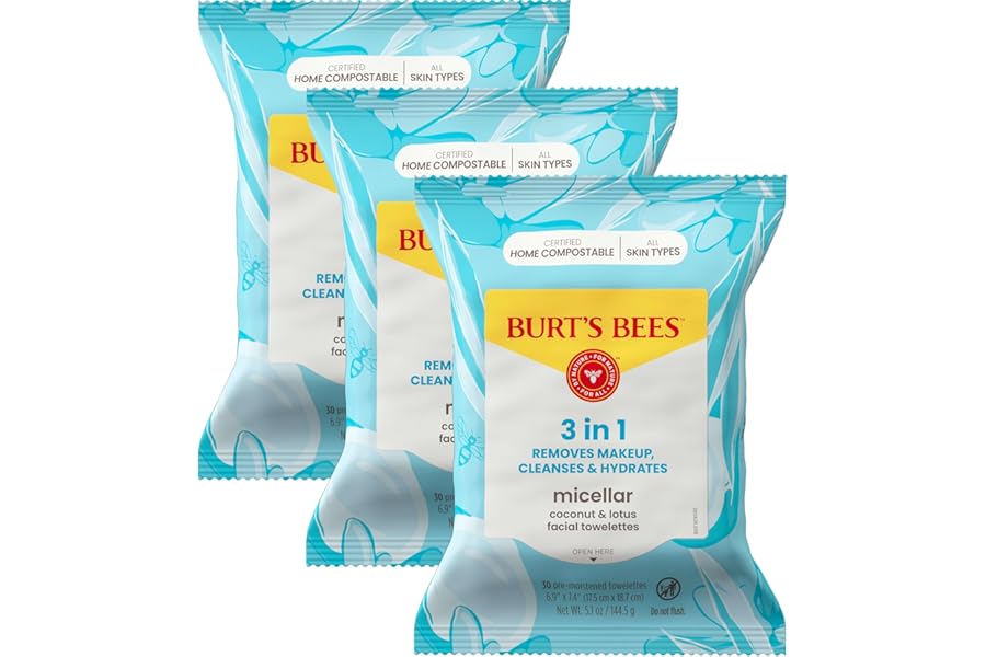 Burt’s Bees Stocking Stuffers, Coconut & Lotus Face Wipes, for All Skin Types, Micellar Makeup Remover & Facial Cleansing Towelettes, Skin Care Christmas Gifts, 30 Ct. (3-Pack)