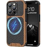 TENDLIN Magnetic Case Compatible with iPhone 15 Pro Case Wood Grain with Carbon Fiber Texture Design Leather Hybrid Slim Cover (Compatible with MagSafe) Black