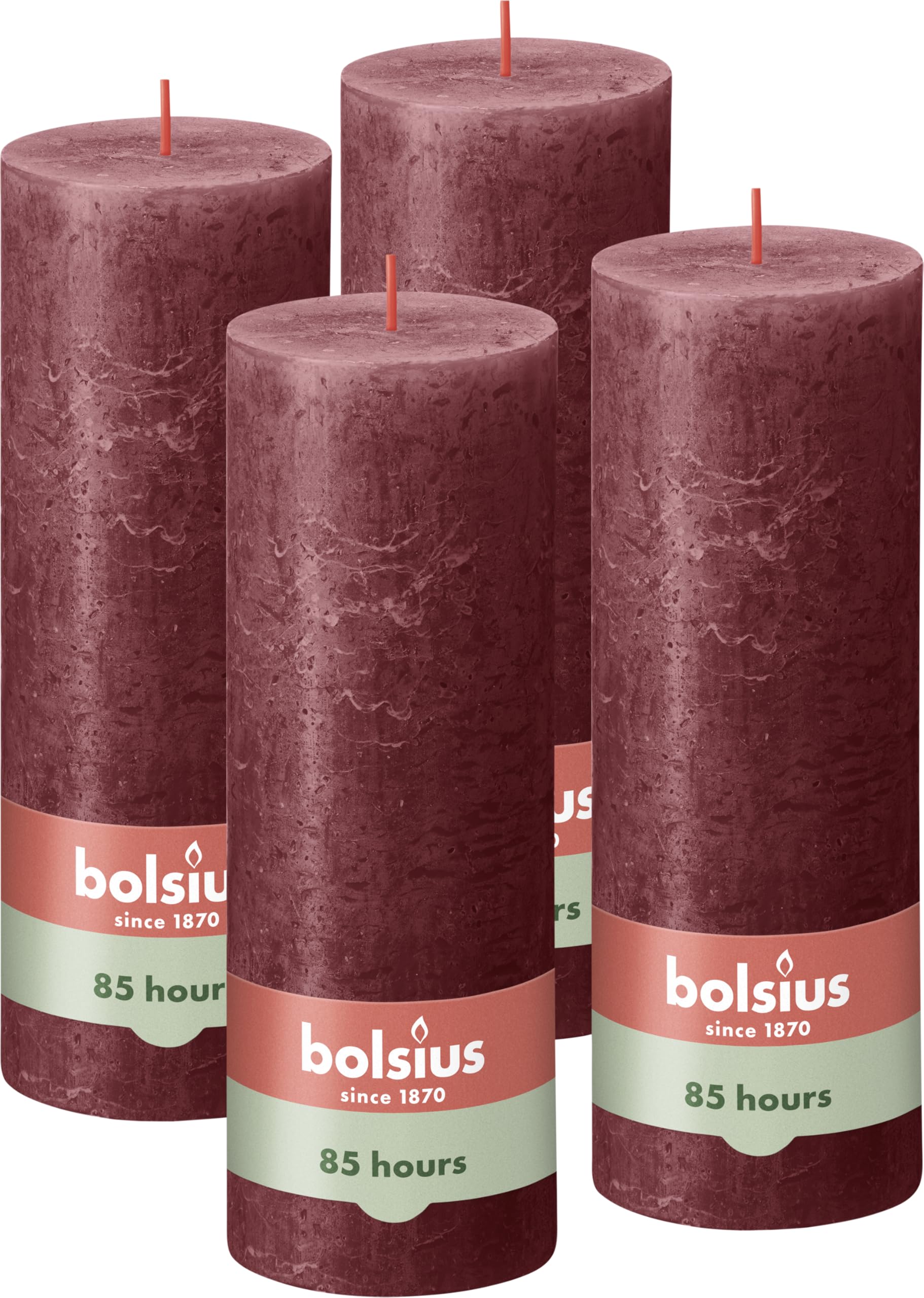 Bolsius Rustic Pillar Candle - Dark Red - Pack of 4 - Long Burning Time of 85 Hours - Household Candle - Interior Decoration - Unscented - Natural Vegan Wax - No Palm Oil - 19 x 7 cm