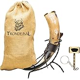 Trondebal Viking Drinking Horn 15-20 oz with Metal Stand | Hand-Crafted Ox Horn Cup for Mead, Ale, Beer | Medieval Norse Gift & Home Bar Décor, Food-Safe Lacque Unique Beer Gift for Men and Women