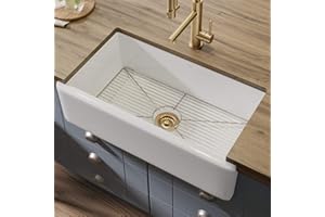 KRAUS KFR1-33GWH Turino Reversible 33-inch Fireclay Farmhouse Flat Apron Front Single Bowl Kitchen Sink with Bottom Grid in Gloss White